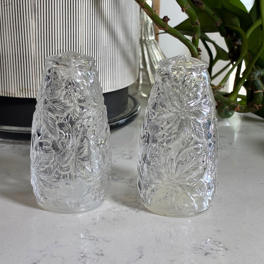 Vtg Princess House Fantasia Salt & Pepper Shakers Glass Poinsettia Floral Retro